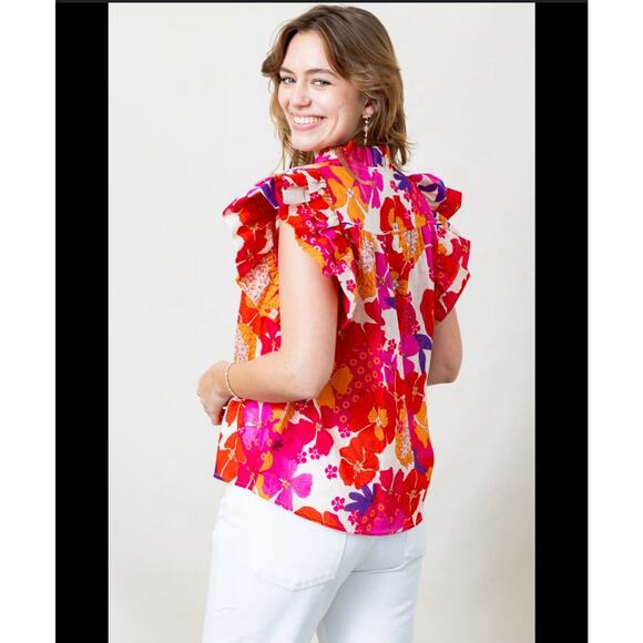 THML Tops - THML Amanda Flutter Sleeve Print Top Floral Tropical Mlightweight Blouse Large